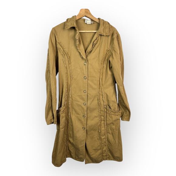 XCVI Womens Medium Vintage Long Frayed Jacket Made USA Cotton Tan Lagenlook - Picture 1 of 9